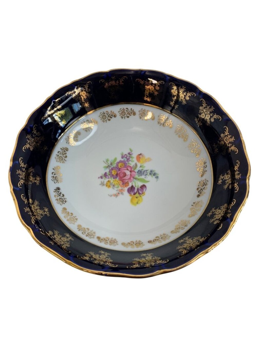 VTG Y2K A.I Czech Republic Porcelain 10" Serving Bowl Floral Cobalt Blue